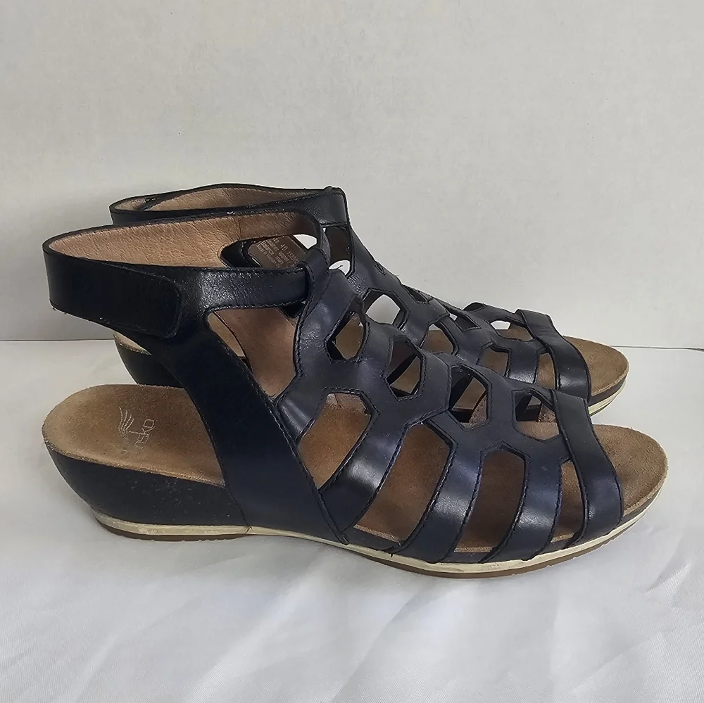 Dansko Valentina Caged Wedge Sandals Black Leather Women’s EU 40 US 9.5–10
